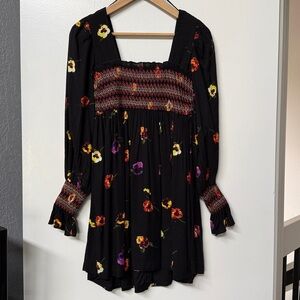 Urban Outfitters Black Floral Long Sleeve Smocked Mini Dress